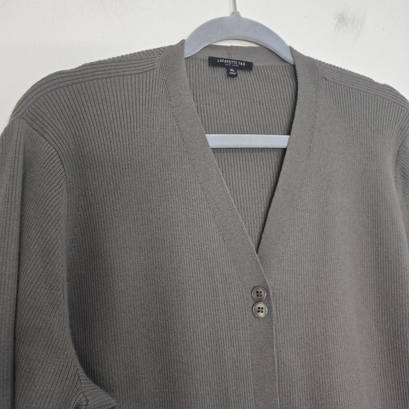Lafayette 148 ribbed vneck wool duster Cardigan Taupe Patch Pockets Neutral - Picture 4 of 9